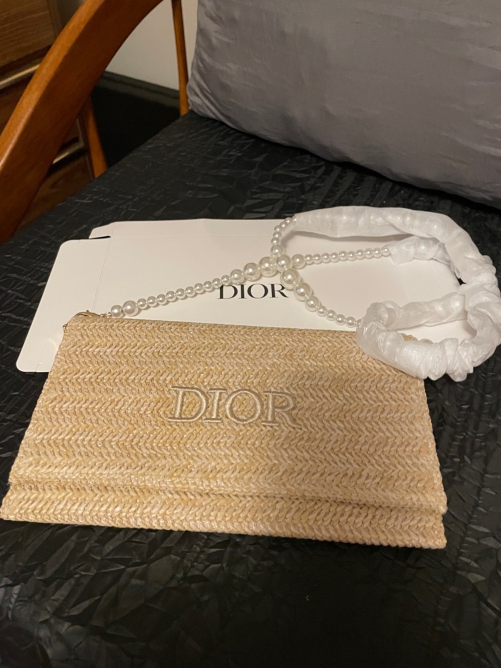 Dior Beige Straw Clutch with Pearl Strap
